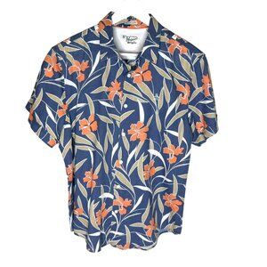 Original Penguin Men's Blue & Orange Floral Short Sleeve Button-Up Shirt, Medium